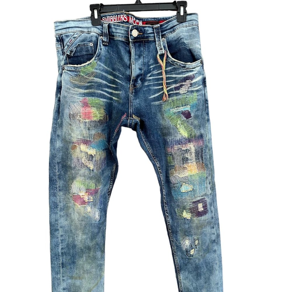 SMUGGLERS MOON MENS JEANS DISTRESSED ARTIST SPLATTER/PATCH LOOK HTF SZ 38W